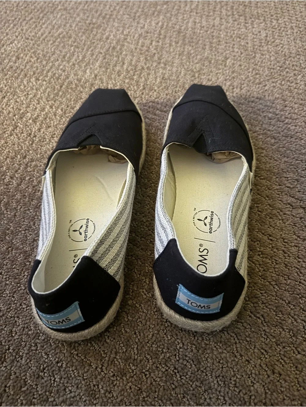 Toms Womens Black and White Striped Canvas Espadrille Slip-Ons
